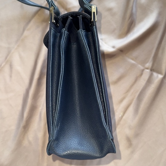 Mondani Navy Peau De Soie Fabric & Leather Structured Sections Bag Silver Accent - Picture 6 of 13